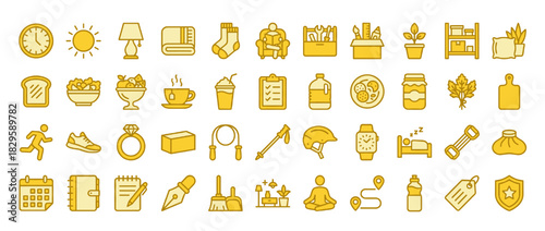 Home and lifestyle solid icon set. contains clock, lamp, book, p