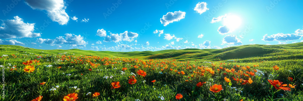 Fototapeta premium Vibrant panoramic view of sunny spring or summer landscape featuring rolling green hills adorned with sprawling field of bright orange and red wildflowers under brilliant blue sky with fluffy white cl