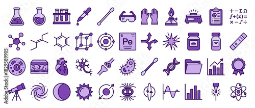 Science and education solid icon set. containing molecule, micro