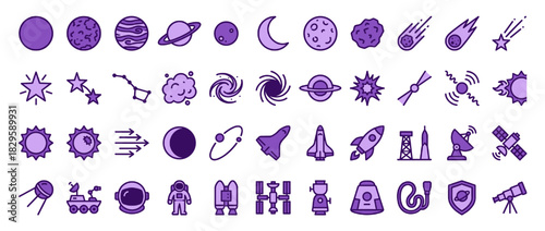 Space and astronomy solid icon set. containing planets, stars, r
