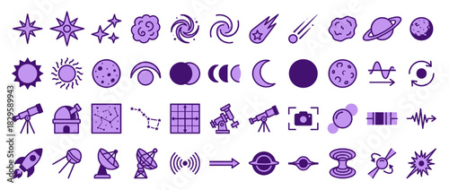 Astronomy and space solid icon set. containing stars, telescope,