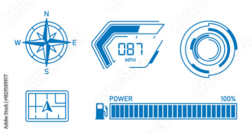 Hud interface car dashboard speedometer navigation compass power fuel indicator map elements