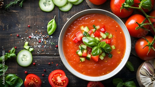 December 6th Celebration Overhead View of Chilled Red Gazpacho, Olive Oil Drizzle, and Fresh Chopped Vegetables on Dark Wood. Authentic Andalusian Cold Soup Food Stock Image.