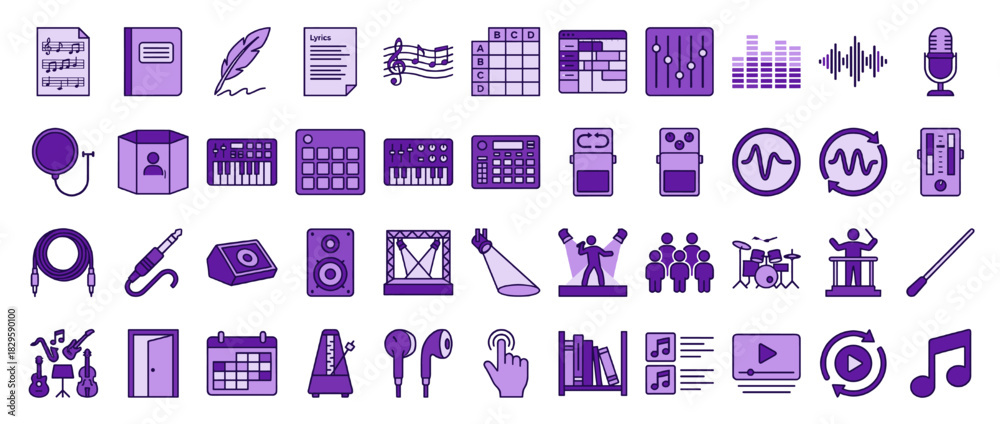 Fototapeta premium Music and recording solid icon set. containing microphone, headp