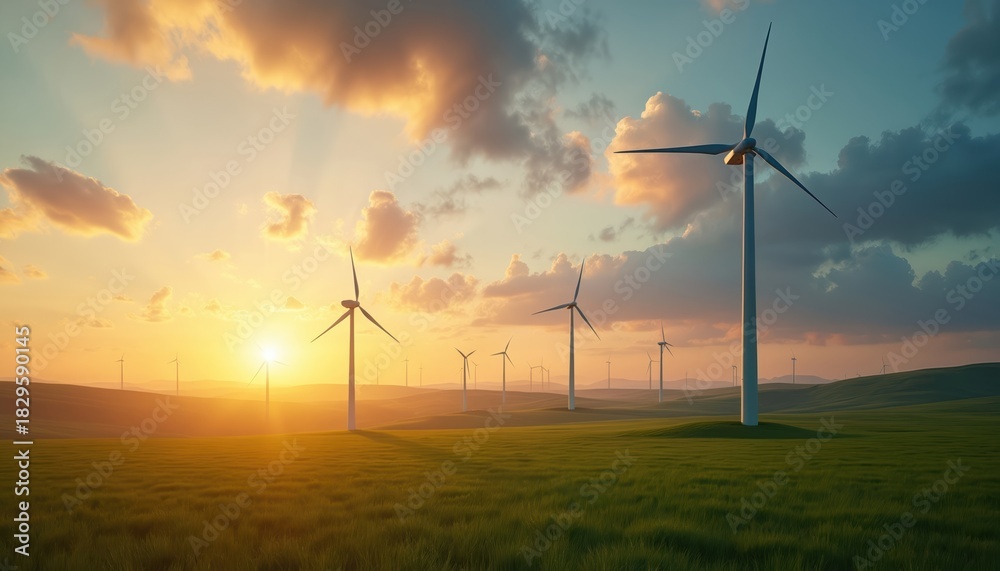 Obraz premium Wind turbines stand in green grassy field under warm sunset sky with dramatic clouds. Renewable energy generators spin slowly, creating clean power. Eco friendly landscape shows sustainable power