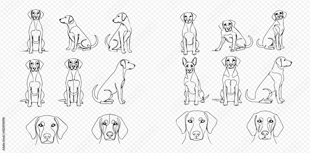 Fototapeta premium Collection of minimalist line art illustrations featuring various dog poses, including sitting, standing, and detailed facial expressions, perfect for graphic design.