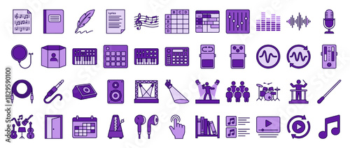 Music and recording solid icon set. containing microphone, headp