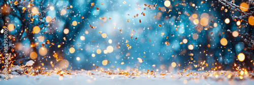 Magical winter night scene featuring delicate falling snow, sparkling golden bokeh lights, and shimmering confetti on frosty white ground, set against serene blue forest backdrop, evoking festive wond