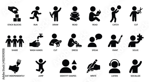 Collection of children's daily activities and skills icons stacking blocks, running, drawing, reading, catching, cutting, sharing
