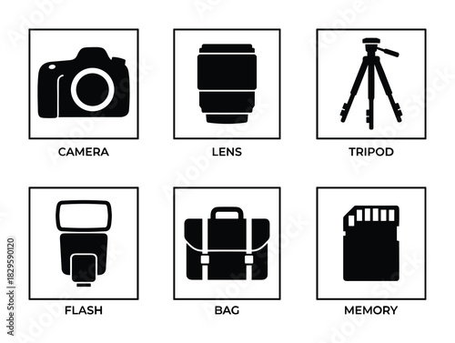 Photography gear black and white icons for camera equipment and storage