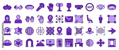 Virtual reality and technology solid icon set. containing vr, he