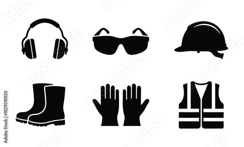Collection of personal protective equipment icons for safety at work including earmuffs, safety glasses, hard hat, boots, gloves, and vest
