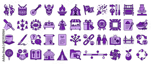 Cultural and craft solid icon set. containing dance, drum, mask,