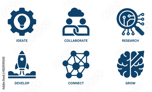 Set of ideate collaborate research develop connect grow business icons