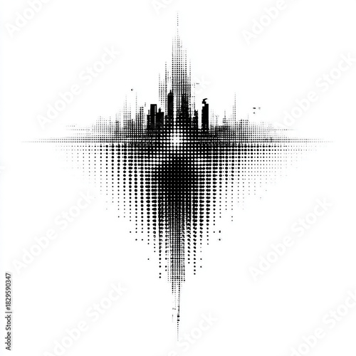 Digital vector graphic of a city skyline formed by a gradient of black ink dots on a white background.