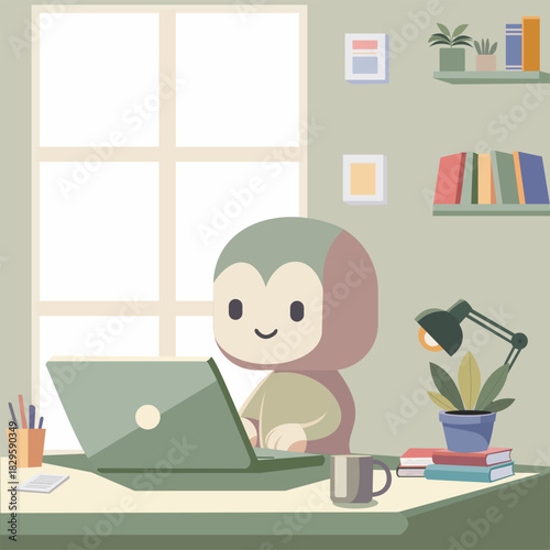 Cute cartoon character working on a laptop in a cozy home office