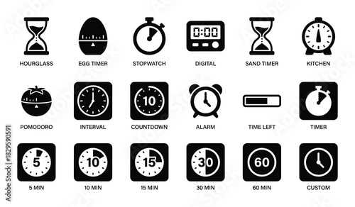 Variety of kitchen and digital timers including hourglass stopwatch and interval countdown options