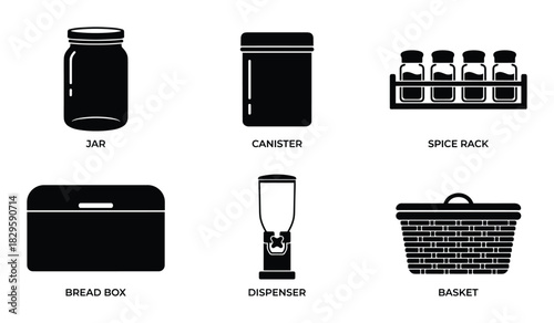 Collection of kitchen storage icons showing jars canisters and spice racks