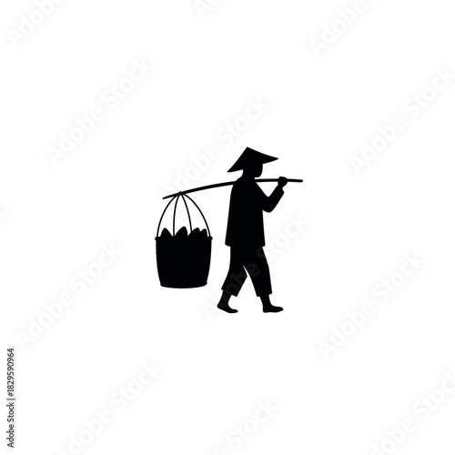 Asian Farmer Carrying Basket Silhouette.