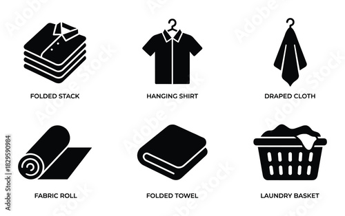 Laundry and clothing icons set showcasing various items such as folded stacks, hanging shirts, and draped cloths