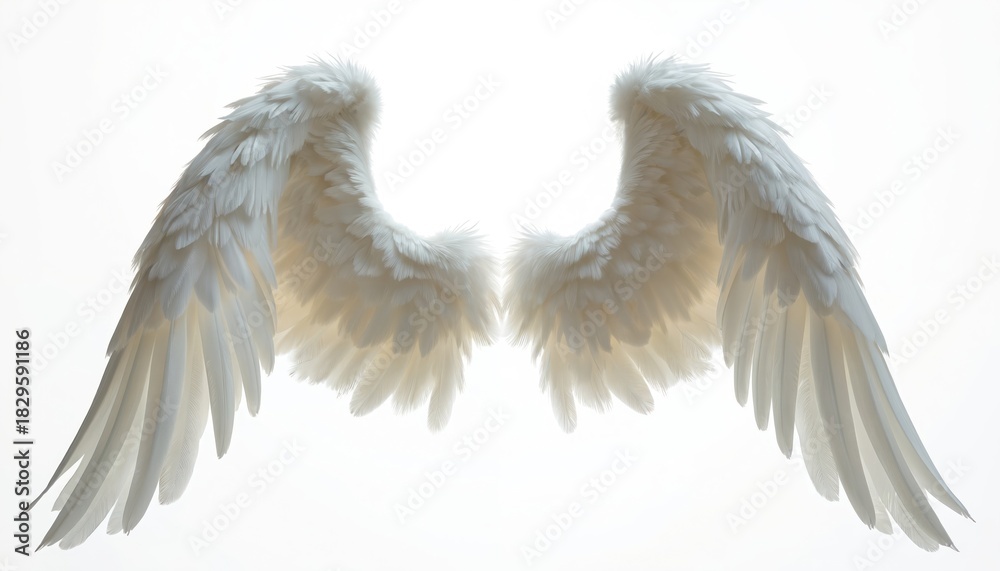 Obraz premium Pair of soft white angel wings spread against pure white background. Delicate feathers create heavenly look. Image peace, purity, spiritual freedom. Divine, ethereal symbol for many abstract concepts.
