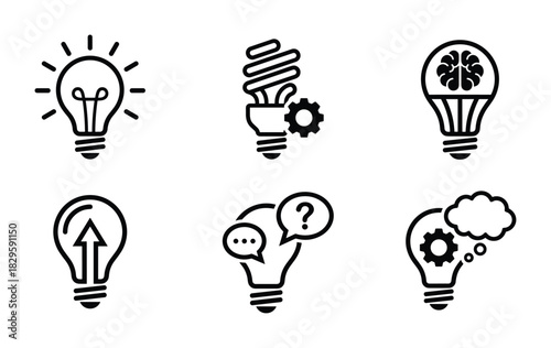 Outline icons of light bulbs representing ideas energy saving thinking processes and communication solutions