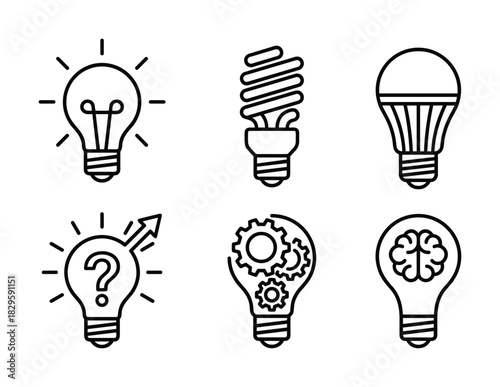 Outline light bulb icons collection featuring different bulb types and business related thinking concepts