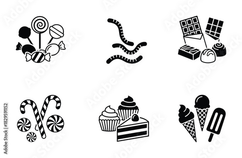 Candy and sweets collection flat icon set for confectionery or treat packaging design