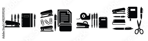 Set of vector office supplies icon. Business silhouette icons
