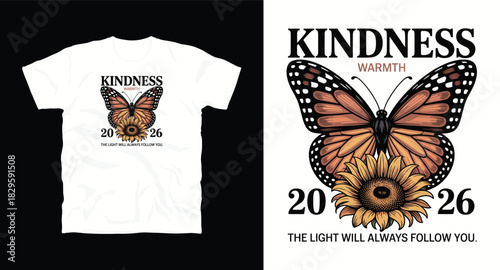 Kindness t-shirt design with butterfly and sunflower graphic