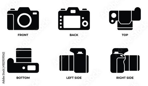 Detailed views of a modern camera body from multiple angles including front and back