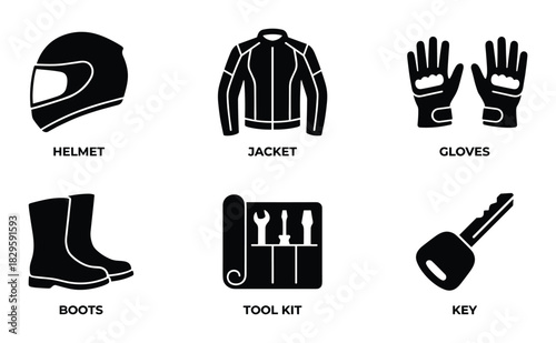 Motorcycle safety gear helmet jacket gloves boots tool kit and key for riders