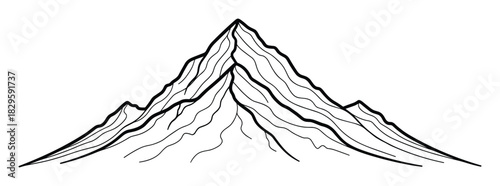 Black outline mountain peak with ridges and valleys line art illustration
