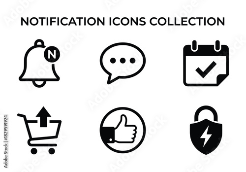 Collection of notification icons including bell message calendar shopping cart thumbs up and security lock