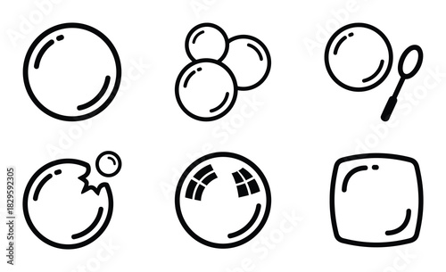 Set of outline bubble vector icons, illustrating various bubble forms, a bubble wand, and a bitten bubble design