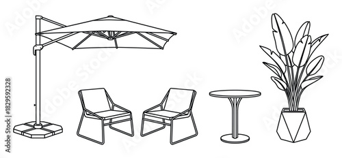 Outdoor patio furniture collection with cantilever umbrella armchairs round table and potted plant vector illustration