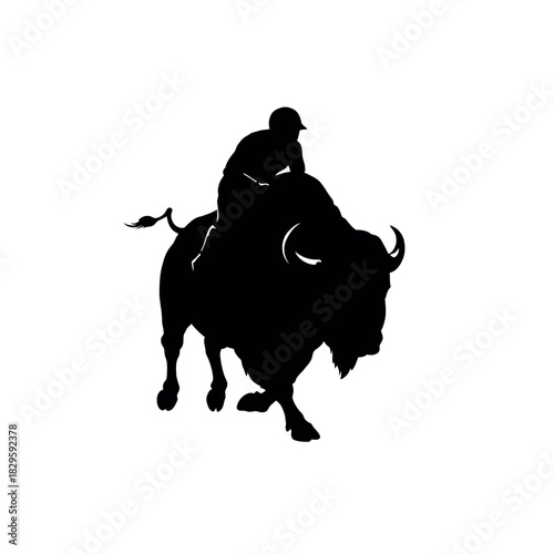 Silhouette of a person riding a buffalo.