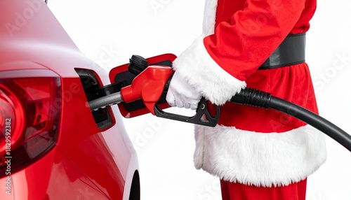 Santa fueling car at gas station.