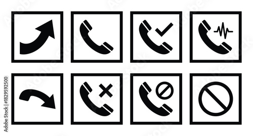 Set of phone and arrow vector icons in square frames, symbolizing various call actions and directions for modern communication interfaces