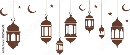 Hanging Ramadan Lanterns Vector Silhouette Set, Crescent Moon and Stars Decoration, Simple Islamic Holiday Background, Minimalist Arabic Greeting