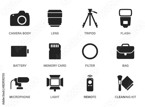 Photography equipment and accessories flat design icons set camera body lens tripod flash battery memory card filter bag microphone light remote cleaning kit