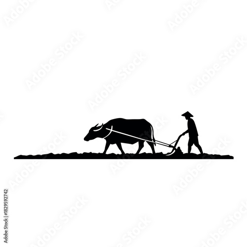 Silhouette of farmer plowing field with water buffalo.