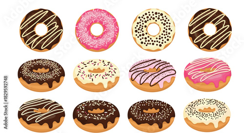 A delightful assortment of twelve colorful and delicious ring donuts with various glazes and sprinkles, perfect for a sweet treat.