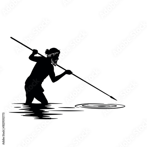 Silhouette of Indigenous Person Spearfishing in Water.
