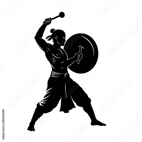black silhouette drummer striking gong clip art preview