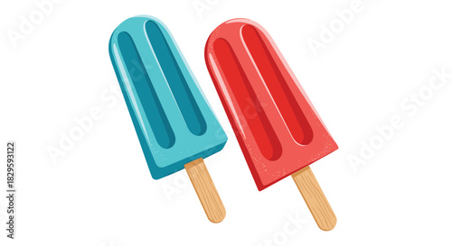 Two colorful popsicles, one blue and one red, stand side-by-side on a white background, evoking a refreshing and sweet summer treat.