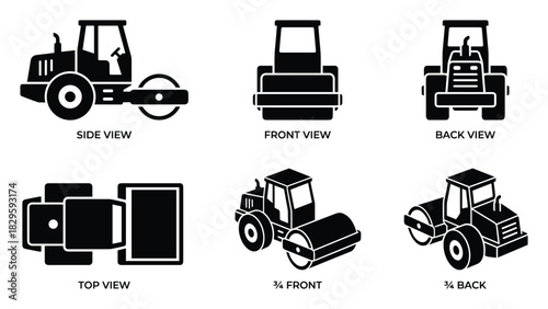 Road roller icon set with six different views side front back top and isometric isolated on white background