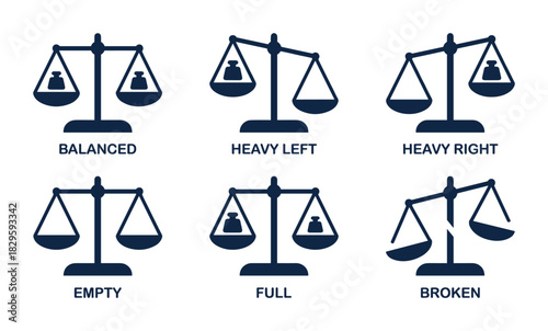 Scales of justice measuring tool icon set showing balanced heavy left right empty full and broken conditions vector illustration