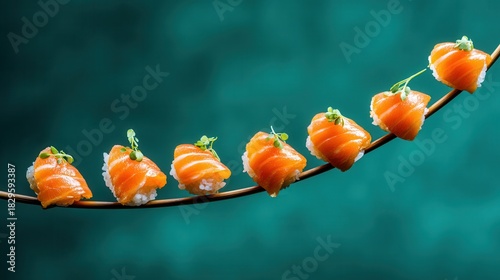 Sushi pieces artfully arranged on branch