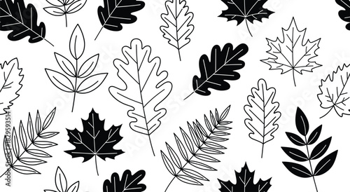 Seamless pattern with various autumn leaves in black and white, featuring maple, oak, and other deciduous tree leaves